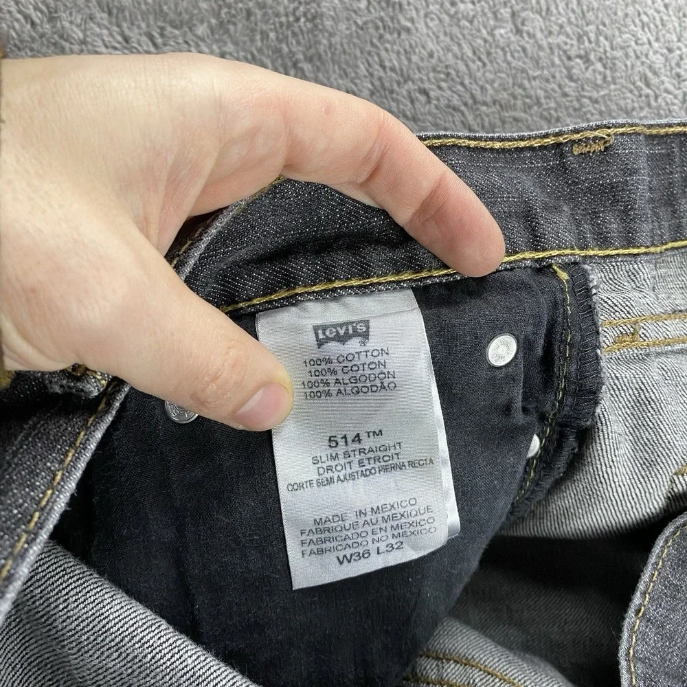 Levis 514 Slim Straight Jeans Mens 36x26 Gray Mid Rise‎ Denim Hemmed 100% Cotton
